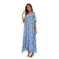 thumbnail image 4 of Beautybatik Cerulean blue Women Hand Blocked Batik Rayon Caftan Kaftan Loungewear Maxi Plus Size Long Dress 1X, 4 of 5