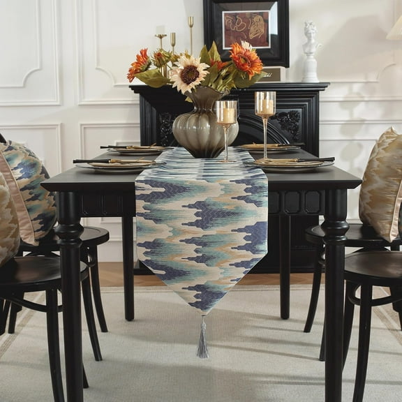 TAOSON Luxury High Precision Jacquard Modern Dark Blue Gold Table Runner with Tassels Polyester Wrinkle Resistant Damask Table Runners for Kitchen Dining Tabletop Decoration (13 x 87 Inch) S035