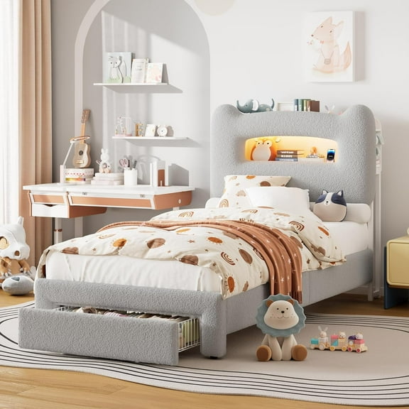 Senfot LED Twin Bed Frame with 2-Tier Storage Headboard, Upholstered Platform Bed with Charging Station and Storage Drawer, Heavy-Duty Wood Slats Support, No Box Spring Needed, Grey