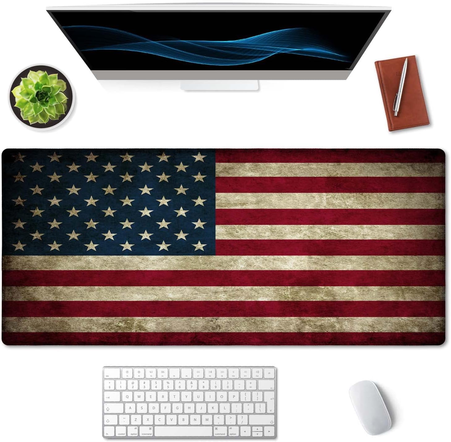 Vintage American Patriotic US Flag Mouse Pad 35.4 x 15.7 Inch XXL Full Desk Mousepad Extended Large Non-Slip Rubber Base Waterproof Big Keyboard Mat with Stitched Edges for Gaming and Office