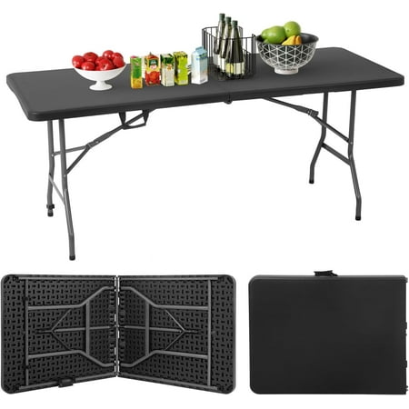 Folding Tables Plastic 6ft Folding Table Half Portable Foldable Table for for Parties Wedding BBQ Camping, Black 6FT