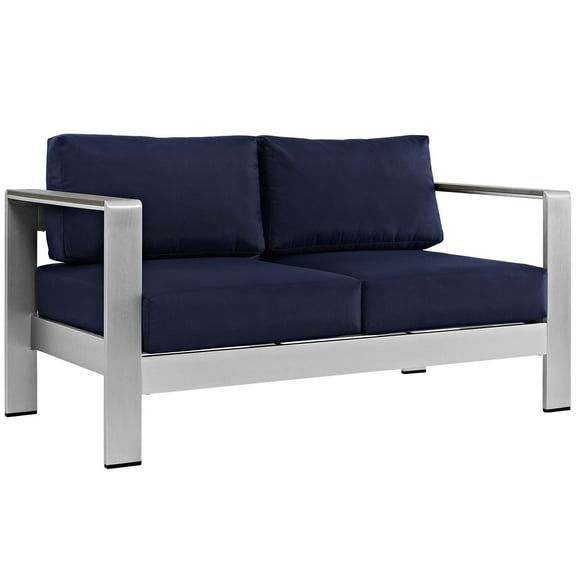 Modern Contemporary Urban Design Outdoor Patio Balcony Loveseat Sofa, Navy Blue, Metal Aluminum