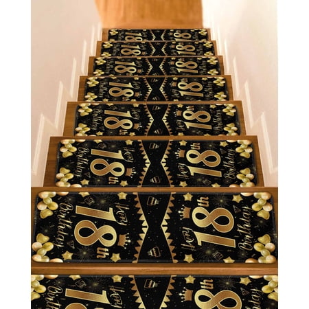 Stair Treads for Wooden Steps Happy 18th Birthday Peel and Stick Stair Treads with Adhesive Black Golden Balloon Cake Fireworks Non Slip Indoor Stairs Runner Rugs Mats for Elders Dogs 8 x30 4PCS