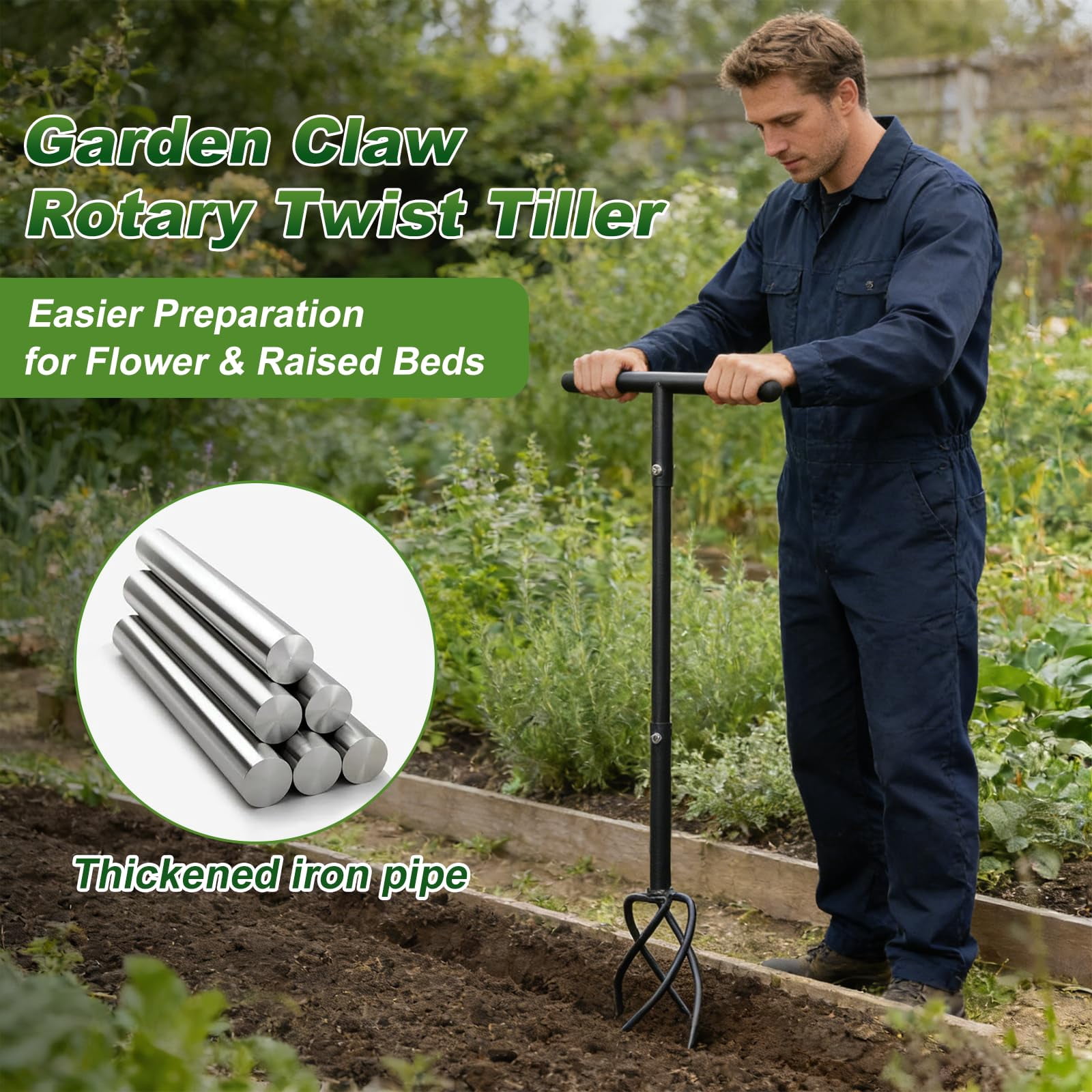 FLY HAWK Hand Tiller &  Cultivator with 4 Curved Claws for Gardening Weeding Garden Box, 34in Garden Tool, Black
