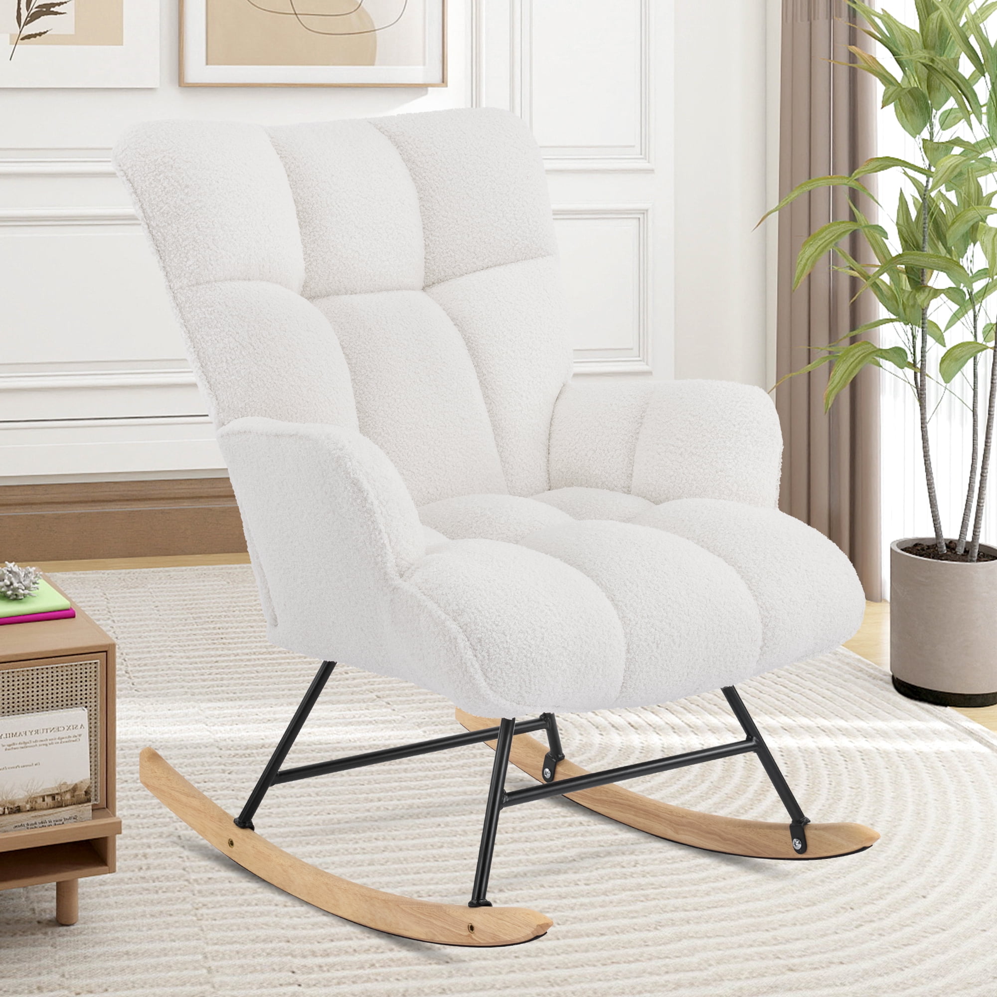 Nursery Rocking Chair Teddy, Upholstered Glider Rocker with High Backrest, Comfortable Stylish Accent Armchair with Padded Seat for Living Rooms, Bedrooms, Offices