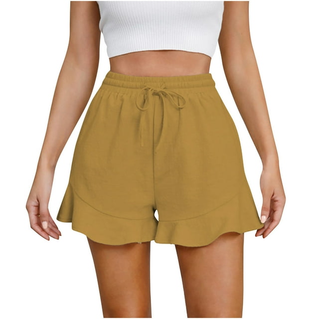 AherBiu Shorts for Women Trendy Elastic Waist Drawstring Ruffle Wide Leg Summer Casual Solid Color Loose Comfy Shorts