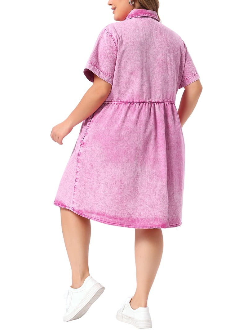 kin kin pink denim shirt dress NOMADIC NOOK Women's Plus Size Smocked Dresses and Babydoll Button Down Lapel Short Sleeves Casual Jean Dress with Pockets 3X White/Pink EARRINGS COLLECTION – Trufacebygrace Denim jumper machine wash cold Select Pant Size:30W Beach dress