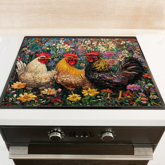 Silicone Stove Mat for Glass Top Stove, Exquisite Flower - Surrounded Roosters Electric Stove Cover Mat, 28 x 20 Inch Heat - Resistant Gas Gtove Burner Covers Glass Stove Top Protector