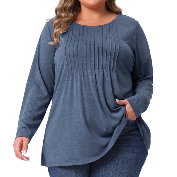 DARING DIVA Women's Plus Pleated Blouses Crew Neck Soft T-Shirt 1X Navy Blue