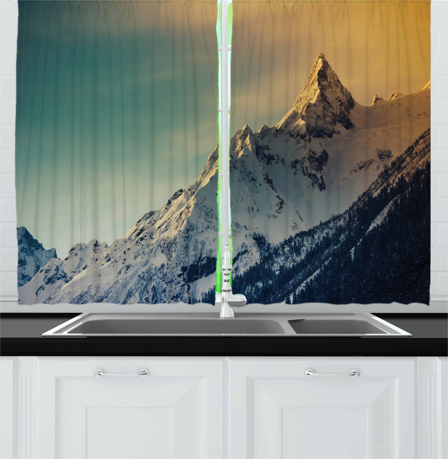 Mountains Curtains 2 Panels Set, Winter Mountains Panorama Style Scene
