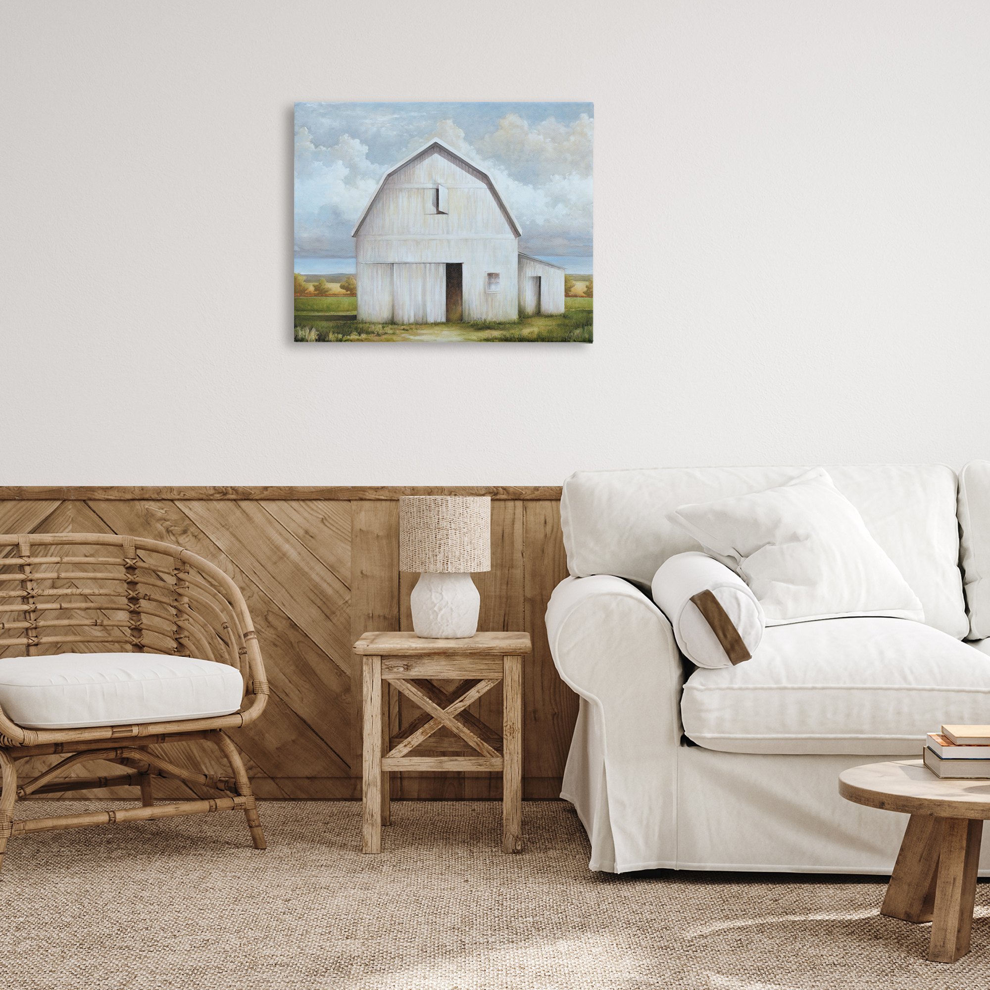 Stupell Industries White Barn with Clouds Landscape Painting Gallery Wrapped Canvas Art Print Wall Art, 30 x 24