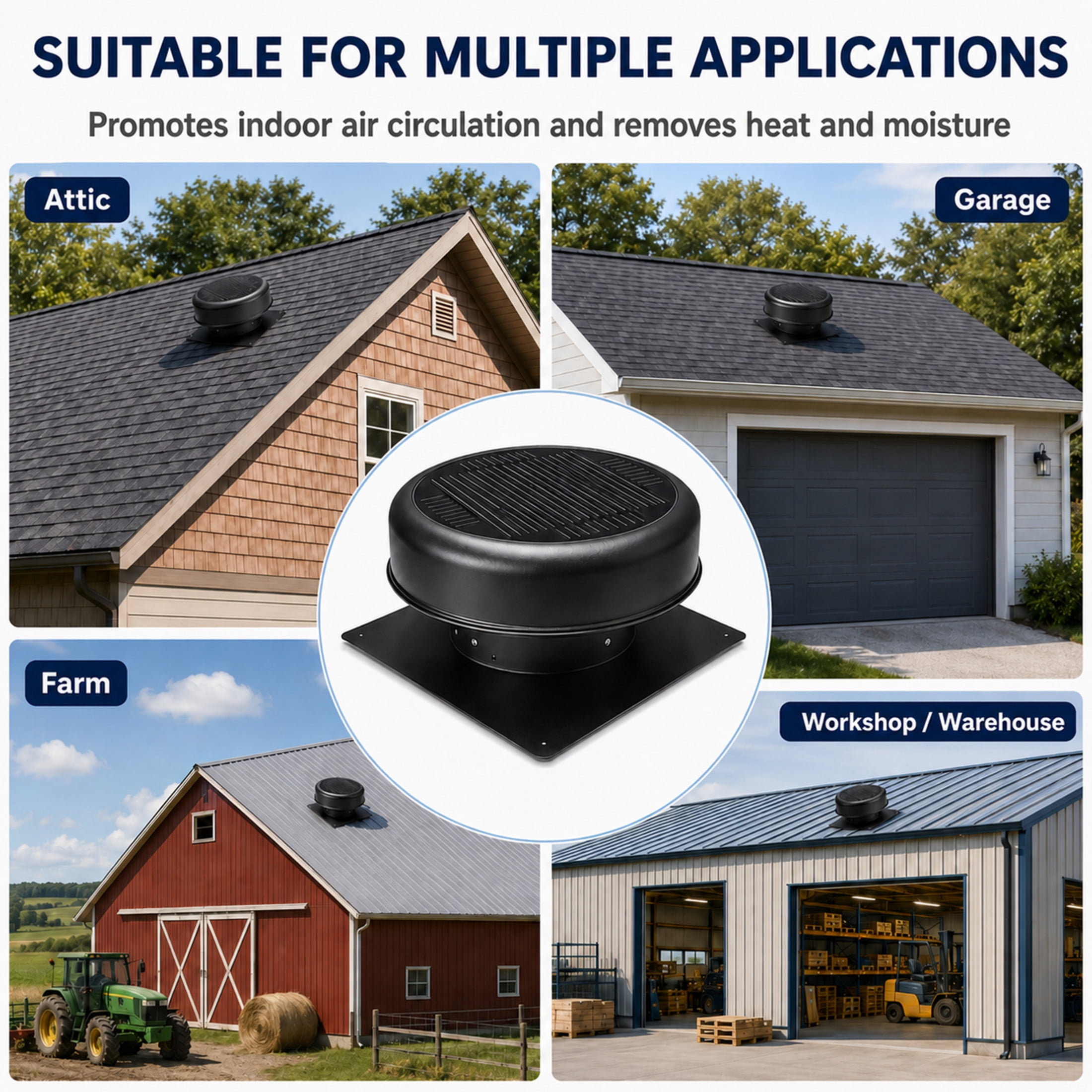 Noble House 12" Flush Mount Round Solar Roof Vent Fan, 30W Dual Power Attic Exhaust Fan for Attic Garage, Black