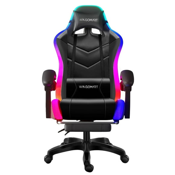 Wingomart Ergonomic Gaming Chair with Footrest, High Back Faux Leather Gaming Chair With RGB led light and Adjustable Armrest Height Adjustable Swivel