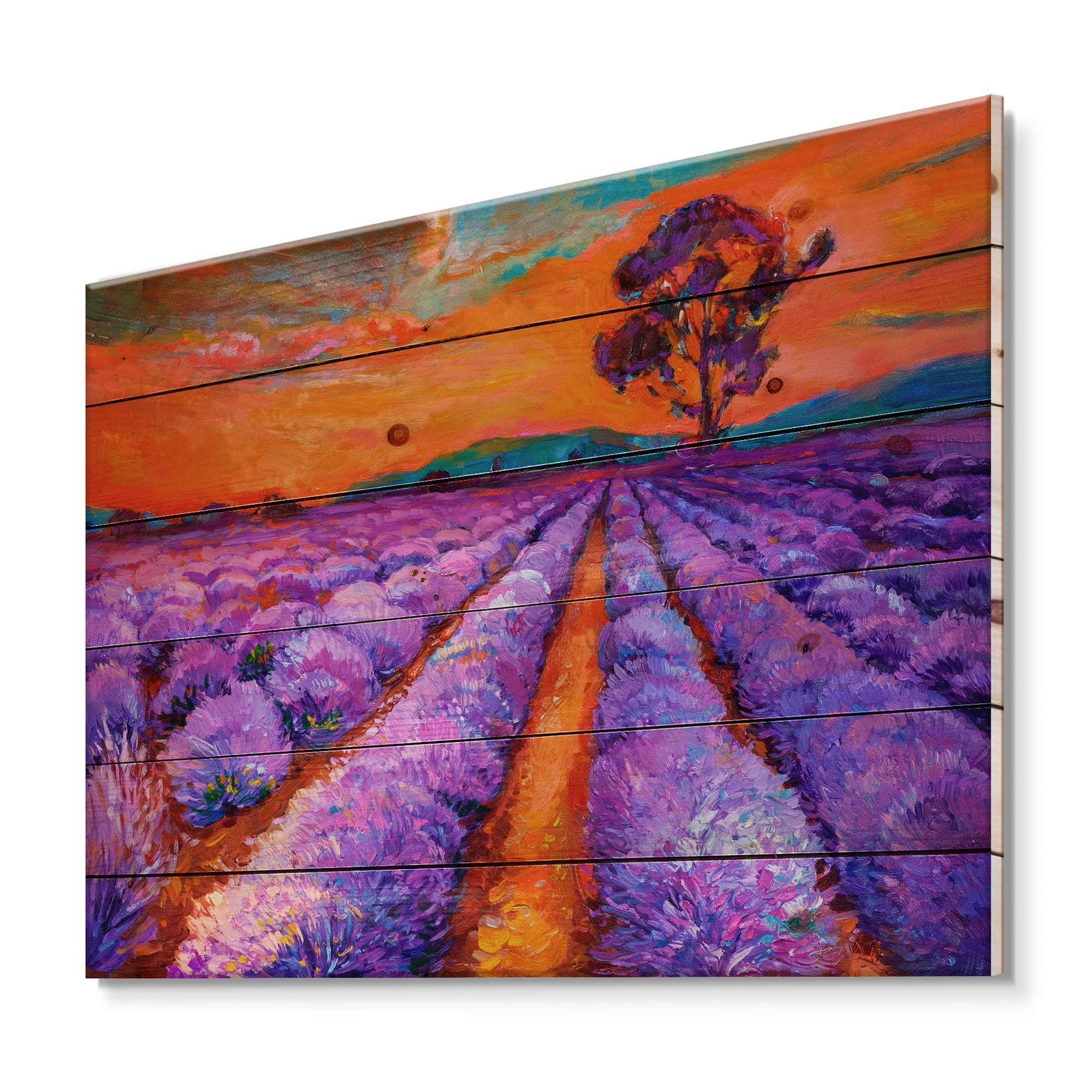 Designart 'An Orange Sunset Over Purple Lavender Fields I' Farmhouse Print on Natural Pine Wood