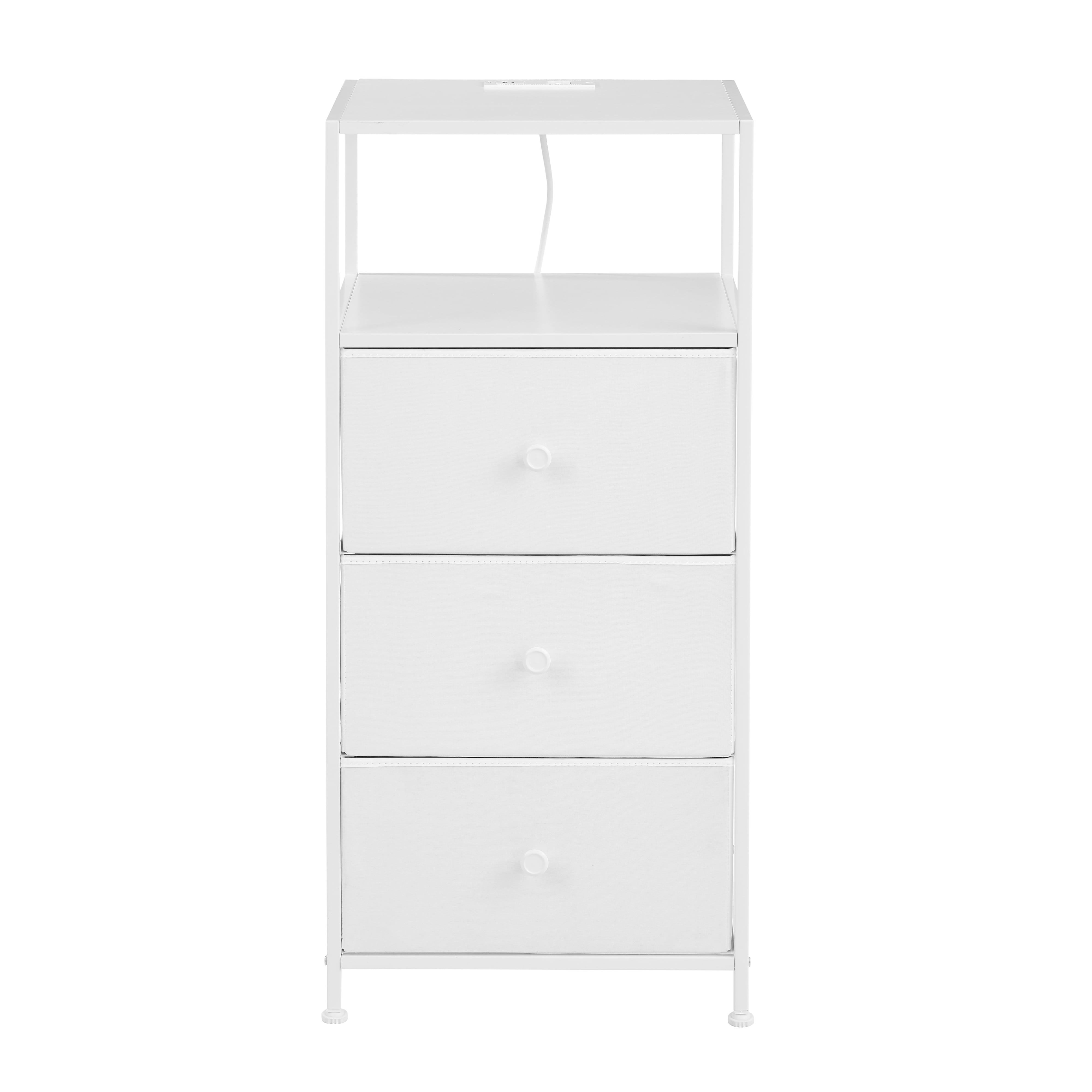Mainstays 3 Drawer Fabric Nightstand with USB, Arctic White Boucle