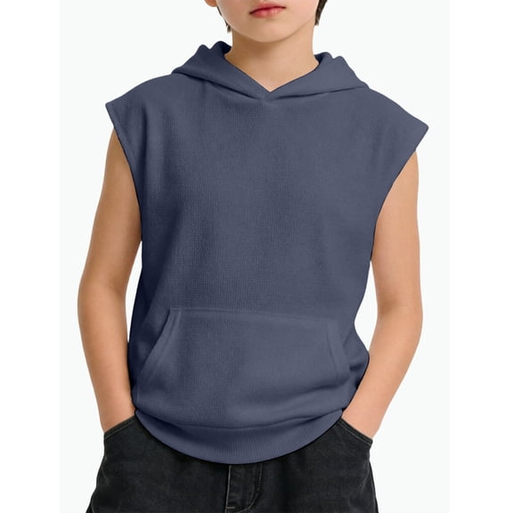 REDARER Boys Waffle Knit Sleeveless Hoodie Tank Top with Kangaroo Pocket Athletic Workout Muscle Tee for Kids,11-12 Years