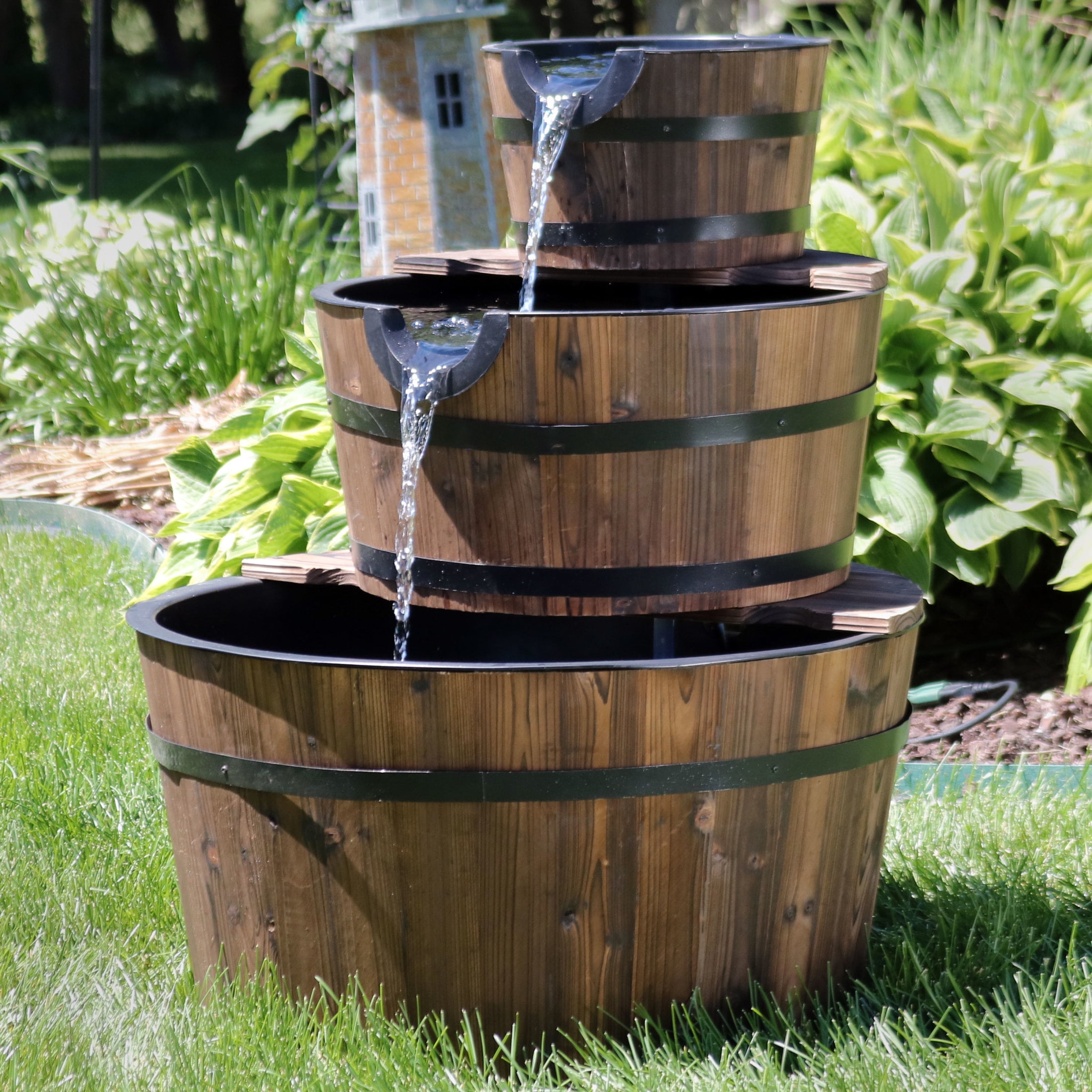 Sunnydaze Wood Barrel Brown 3-Tier Outdoor Water Fountain