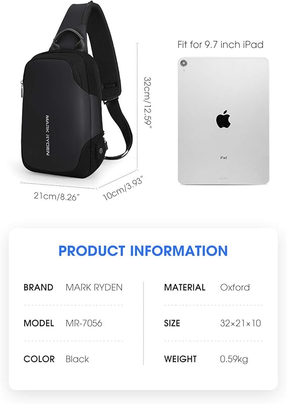 MARK RYDEN Anti-theft Sling Chest Bag Handbag for Men Waterproof Crossbody Travel Shoulder Bag Fit for 9.7" ipad …