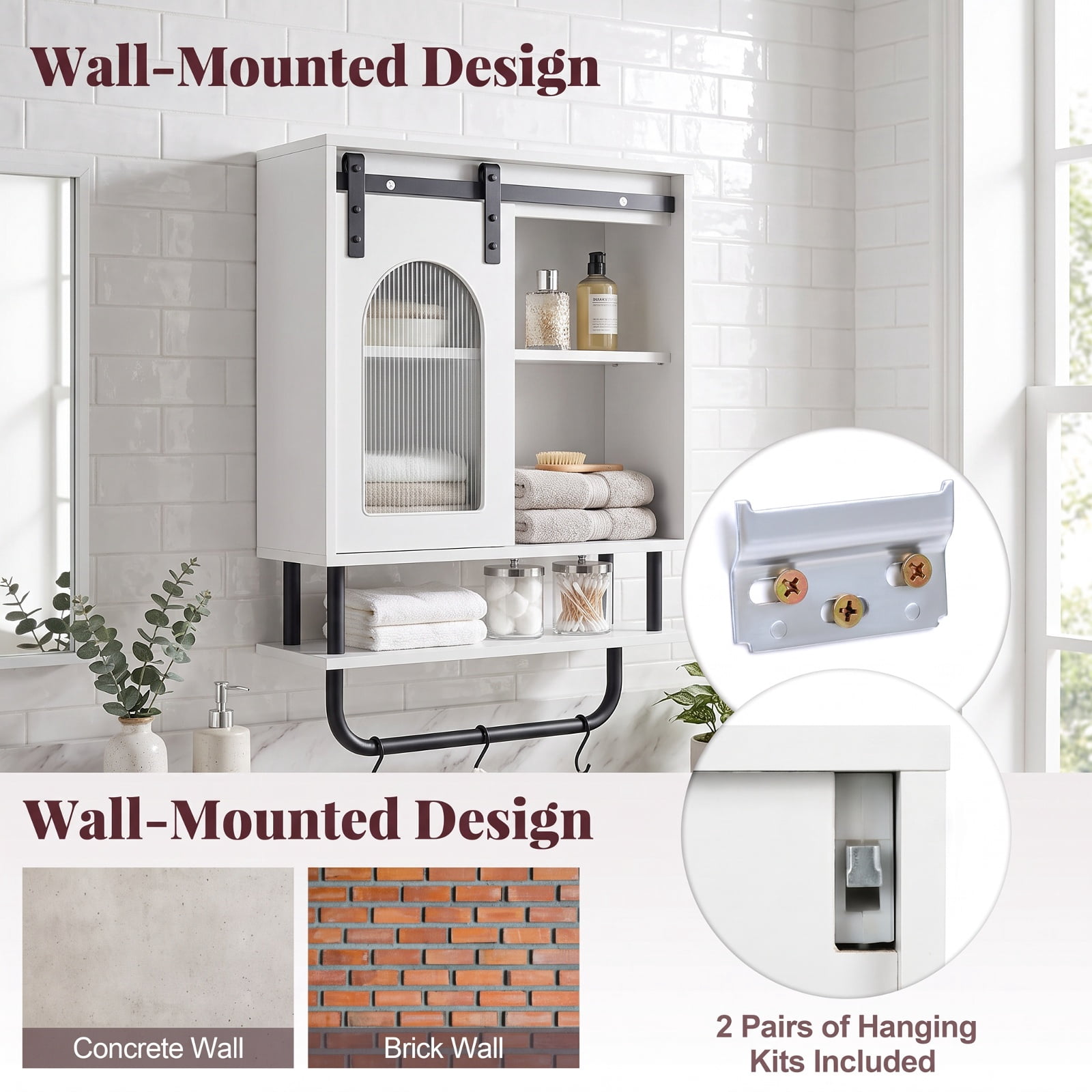 Vebreda Bathroom Wall Cabinet with Sliding Barn Door and Metal Hanging Bar with 3 Hooks, Stylish Farmhouse/Industrial Charm, Secure Wall Mounting
