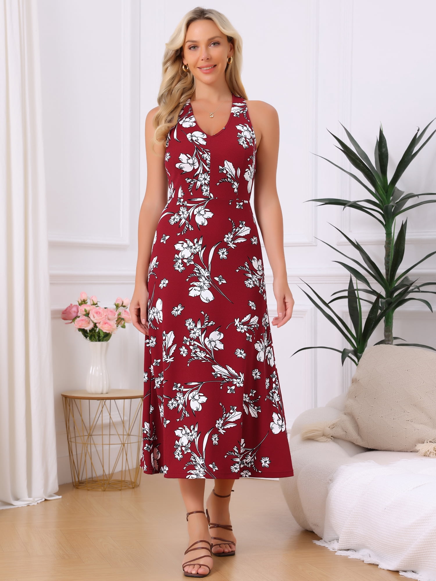 DARING DIVA Women's Halter Sleeveless A-line Maxi Floral Print Casual Sundress M Red Wine