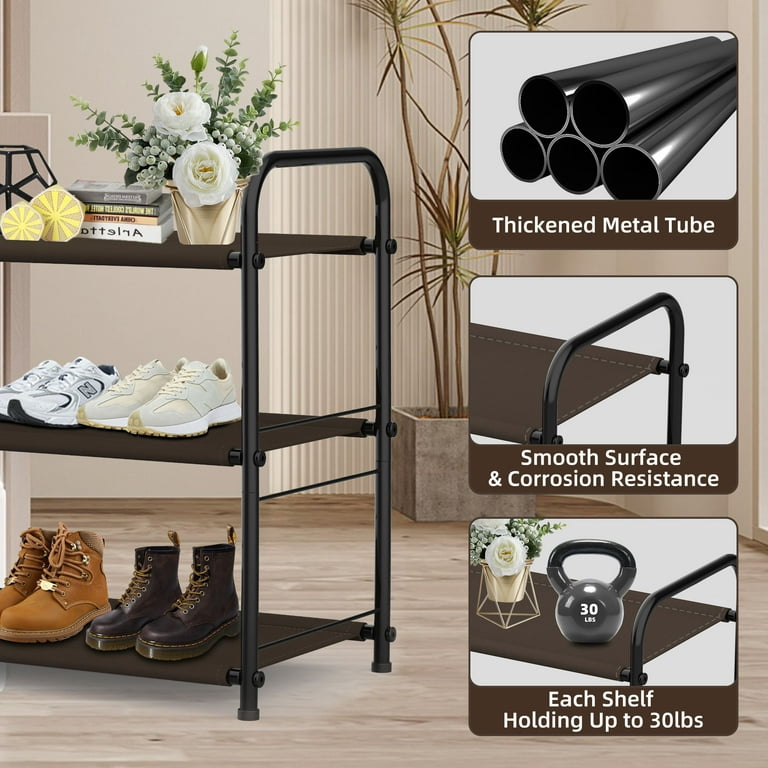 Nefoso Metal Shoe Rack, 3 Tier Shoe Organizer 600D Oxford Fabric Adjustable  Stackable and Expandable Shoe Rack for Closet Entrance Bedroom (Brown) 