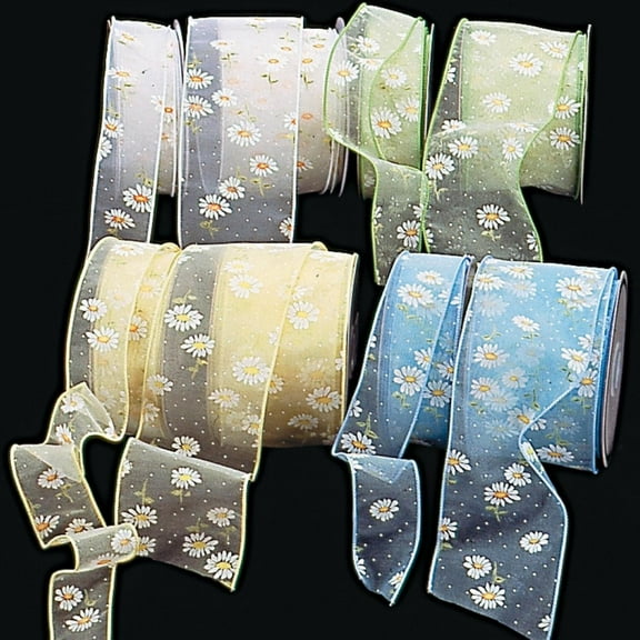 The Ribbon People Sheer Light Blue Chamomile Flowers Print Wired Craft Ribbon 3" x 20 Yards