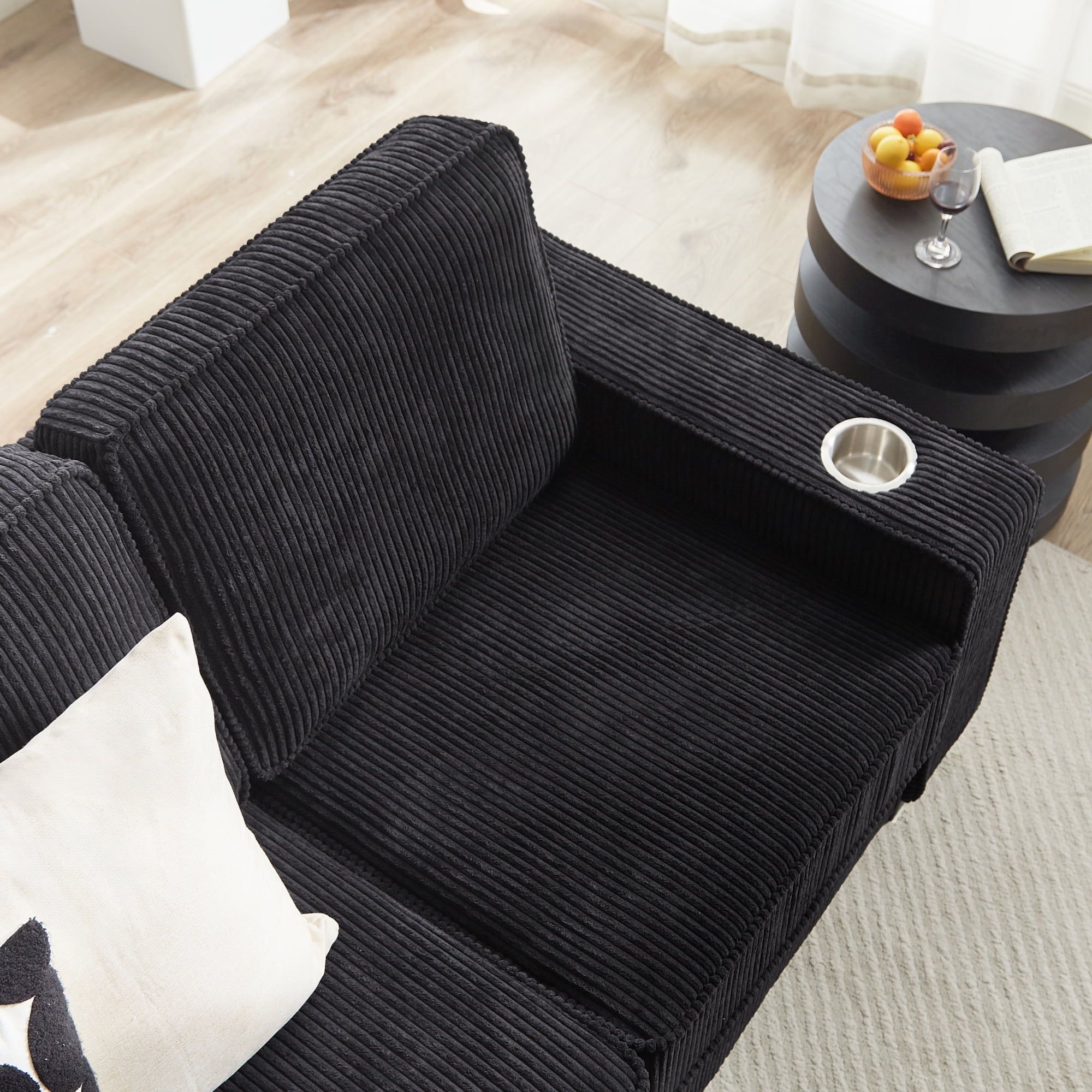83.86" Large Sofa with Extra Deep Seats,Comfy Corduroy Couch with Cupholders,3 Seater Sofa for Living Room,Bedroom,Office,Black+Corduroy