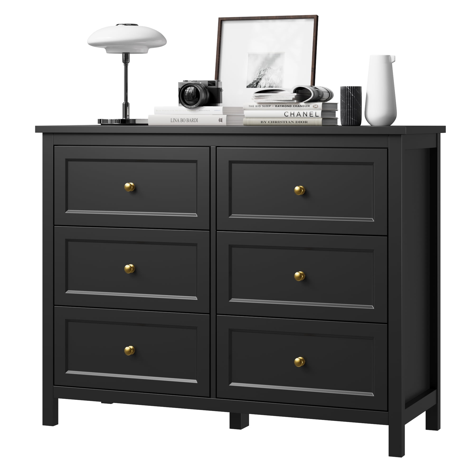 DIYART 6 Drawer Dresser for Bedroom, 41" Wide Large Chest of Drawers with Golden Handles, Modern Modern Bedroom Storage Dresser for Closet and Living Room, Black
