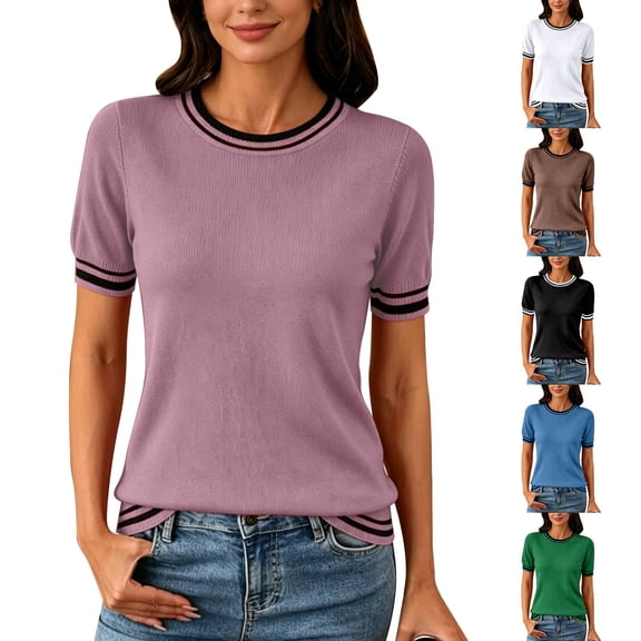 Women's Lightweight Short Sleeve Sweater Top Business Casual Crew Neck Summer Loose Basic Tops by Yigetop Black L