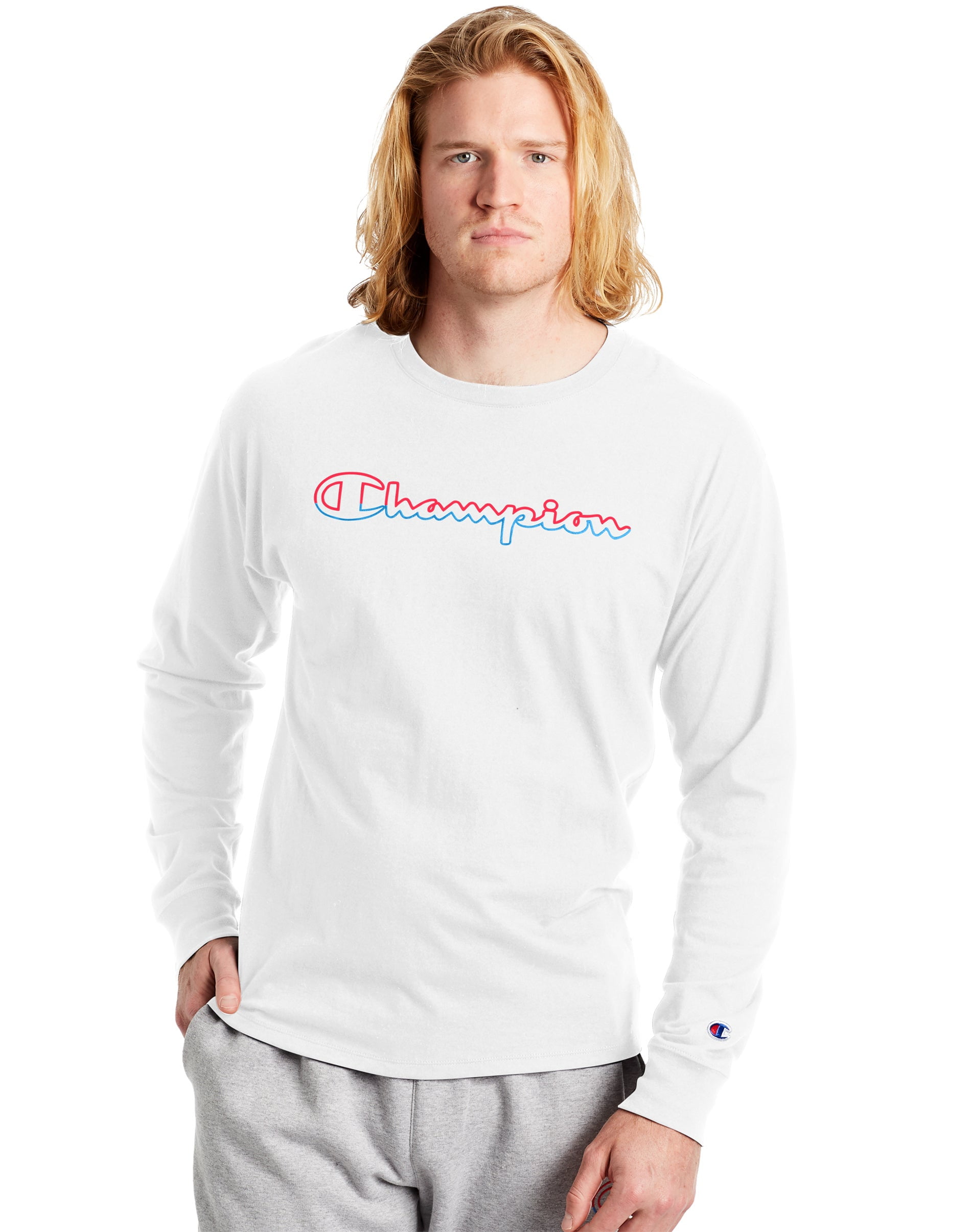 Champion Men's Athletics Long-Sleeve Jersey Tee T-Shirt Split Script Logo Cotton