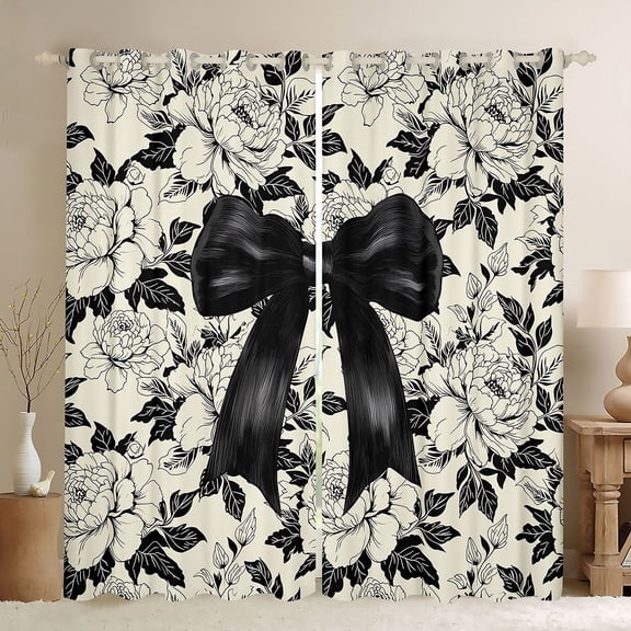 Manfei Black Ribbon Bowtie Black Out Curtains for Kids Girls,Chic Floral Vintage Flowers Curtains Pack of 2 (42x63 Each) for Teens Female,Breathable Home Decor