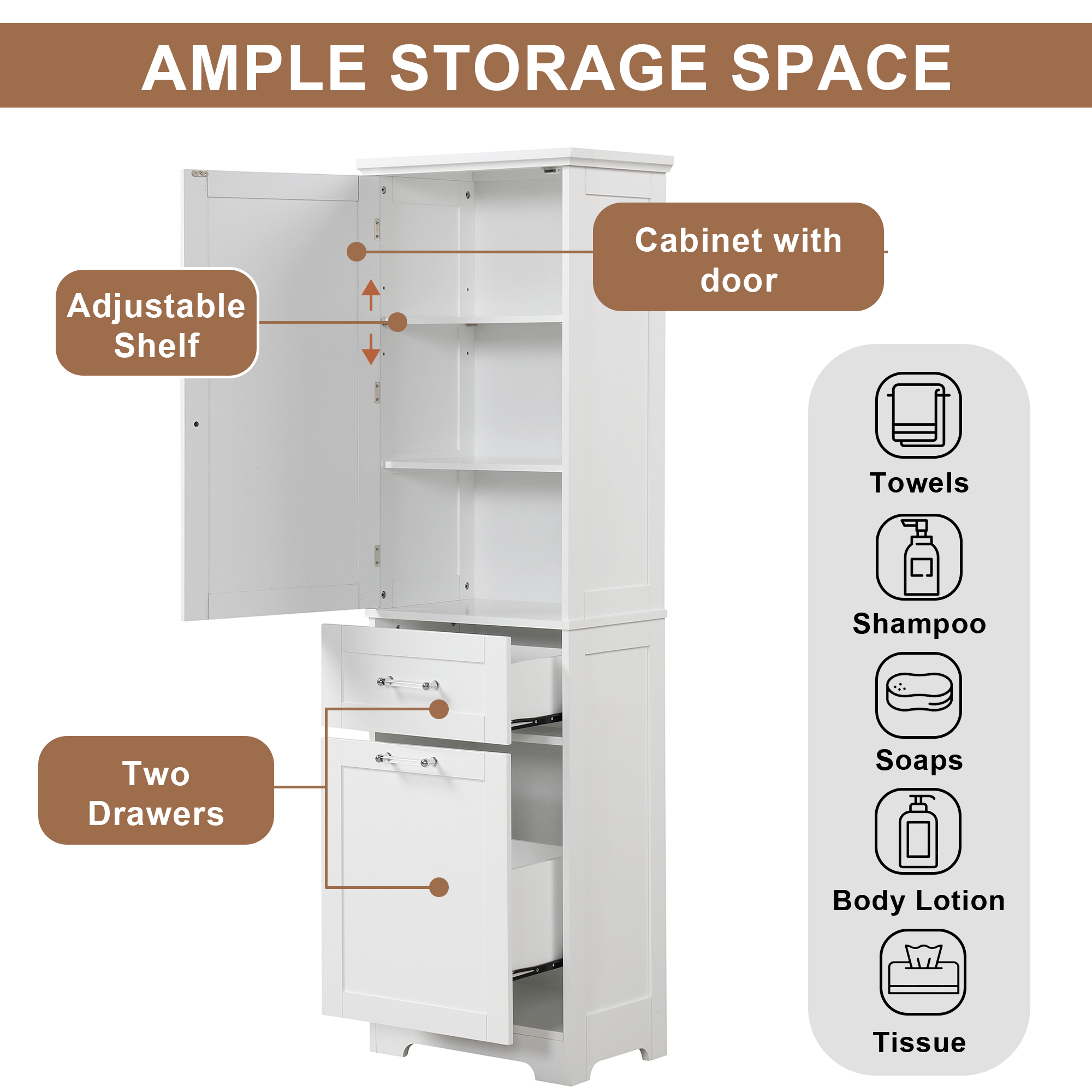 ALEXLOGER 68.1"/68.4" Tall Bathroom Storage Cabinet with 1 Door and 2 Drawers, Freestanding Linen Cabinet, Wooden Pantry with Adjustable Shelf for Kitchen, Bathroom, Living Room