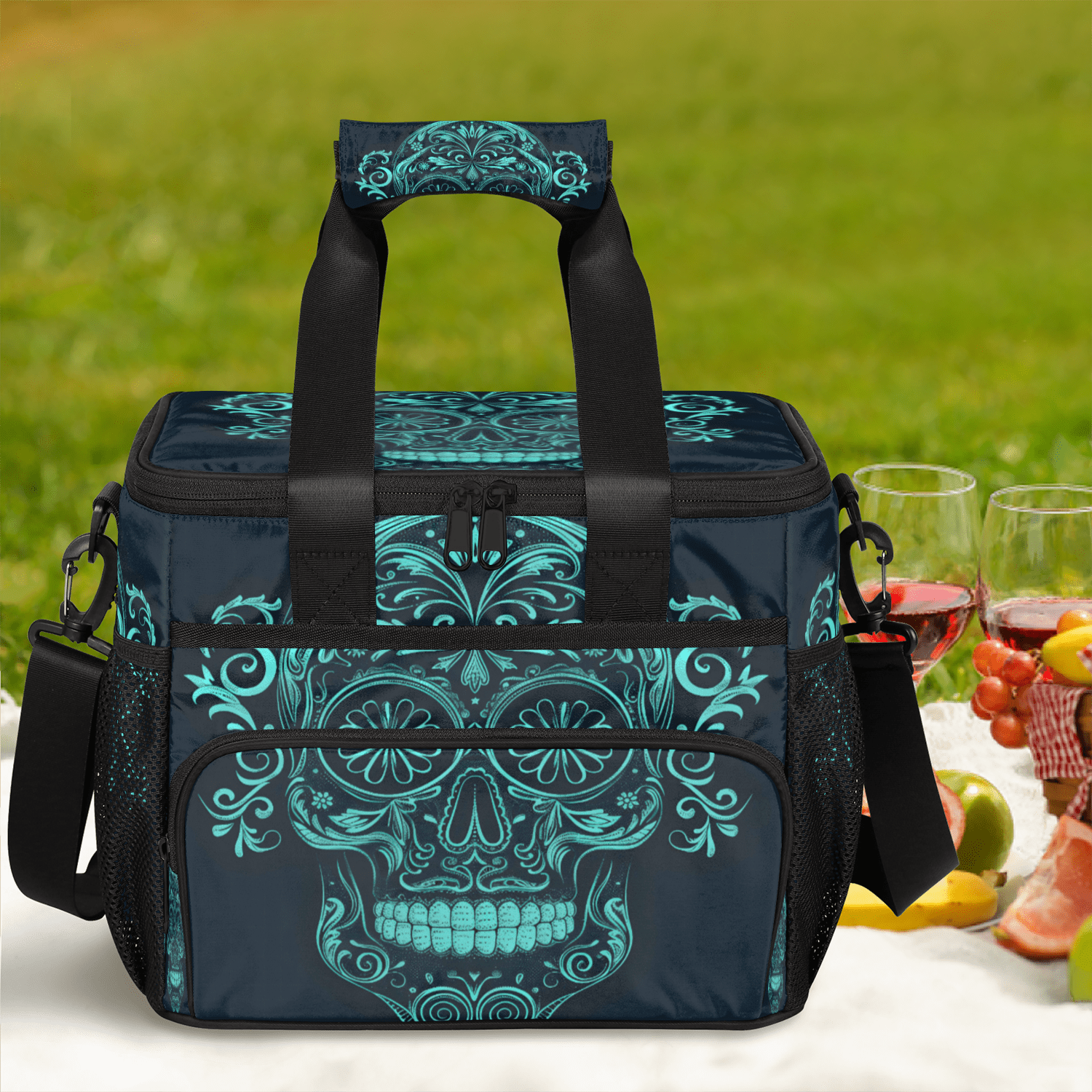 Herdesigns Sugar Skull Mexican Large Lunch Box for Adults Women Men with Adjustable Shoulder Strap, Insulated Reusable Lunch Bag Leakproof Cooler Tote Bag