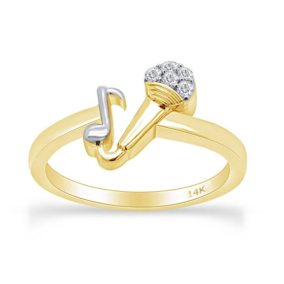 AFFY Round White Natural Diamond Accent Mic & Music Note Two Tone Ring 14k Solid Yellow Gold, Ring Size-5
