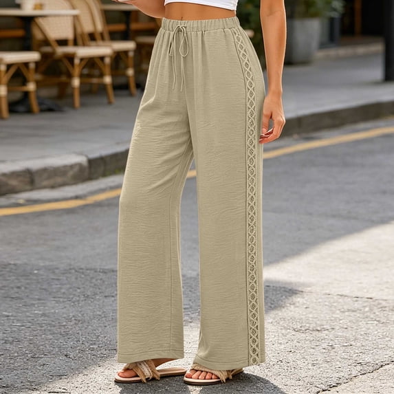 Women's Lace Panel Wide Leg Pants, Ruffled Elastic Waist with Tie Belt, Side Pockets, Openwork Side Panels, Relaxed Fit