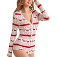 thumbnail image 2 of Women Christmas Printed Pajamas Romper Long Sleeve Playsuit Deep V Neck Bodysuit Jumpsuit Sexy Sleepwear Overall Xmas Holidays, 2 of 5