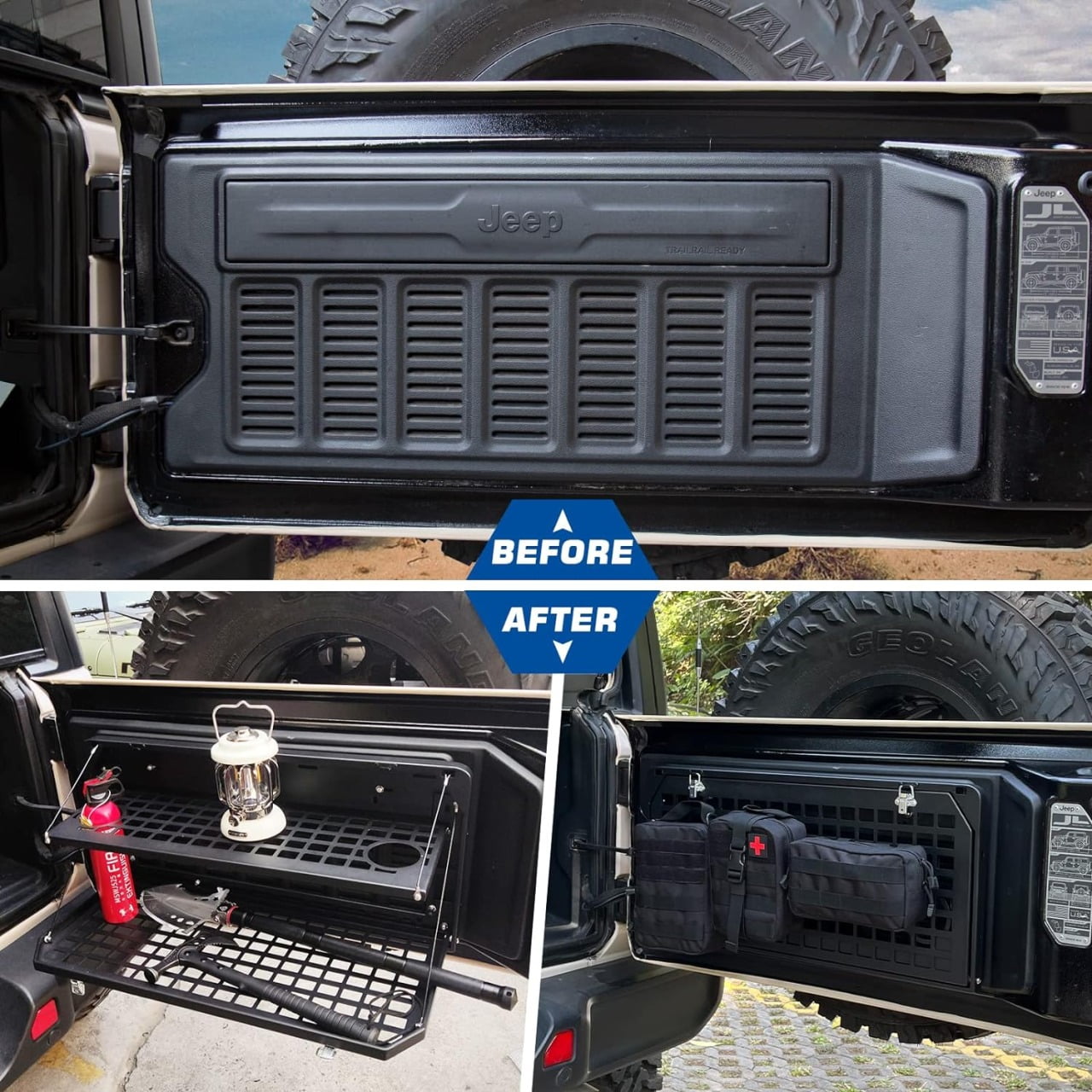 2-Tier Foldable Tailgate Table with Cargo Rack for Jeep Wrangler JK JL 4-Door Models 2007-2022, Rear Mount Camping Desk Storage Solution for Outdoor Adventures