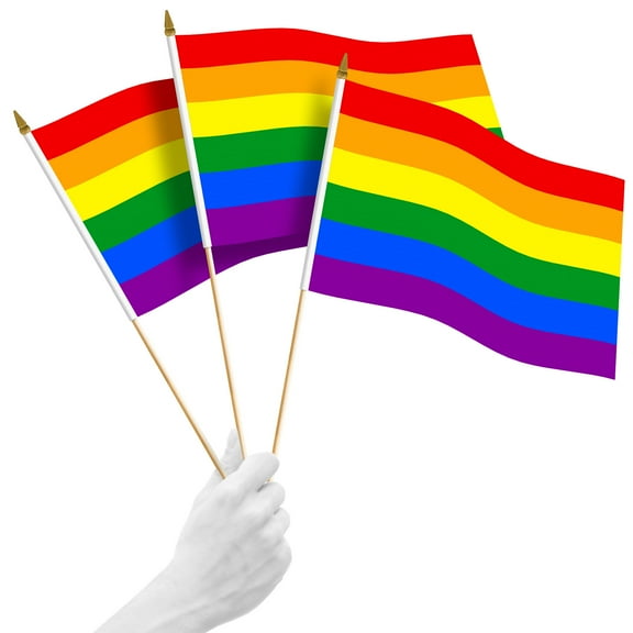 G128 12 Pack Handheld LGBT Rainbow Pride Stick Flags | 12x18 In | Printed 150D Polyester, Social Flag, Solid Wooden Stick, Spear Gold Tip