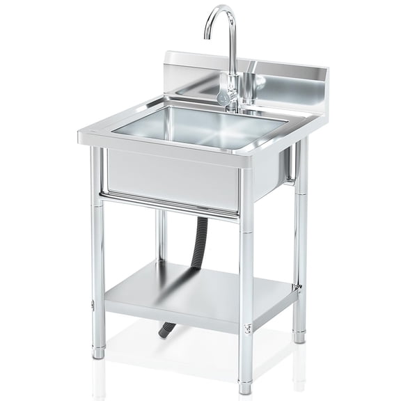 Stainless Steel Utility Sink Freestanding Single Bowl Laundry Sink with Hot and Cold Water Plumbing for Restaurant, Laundry Room, Garage, Commercial Kitchen