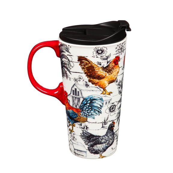 Evergreen Ceramic Travel Cup, 17 OZ. ,w/box, Chicken Collage