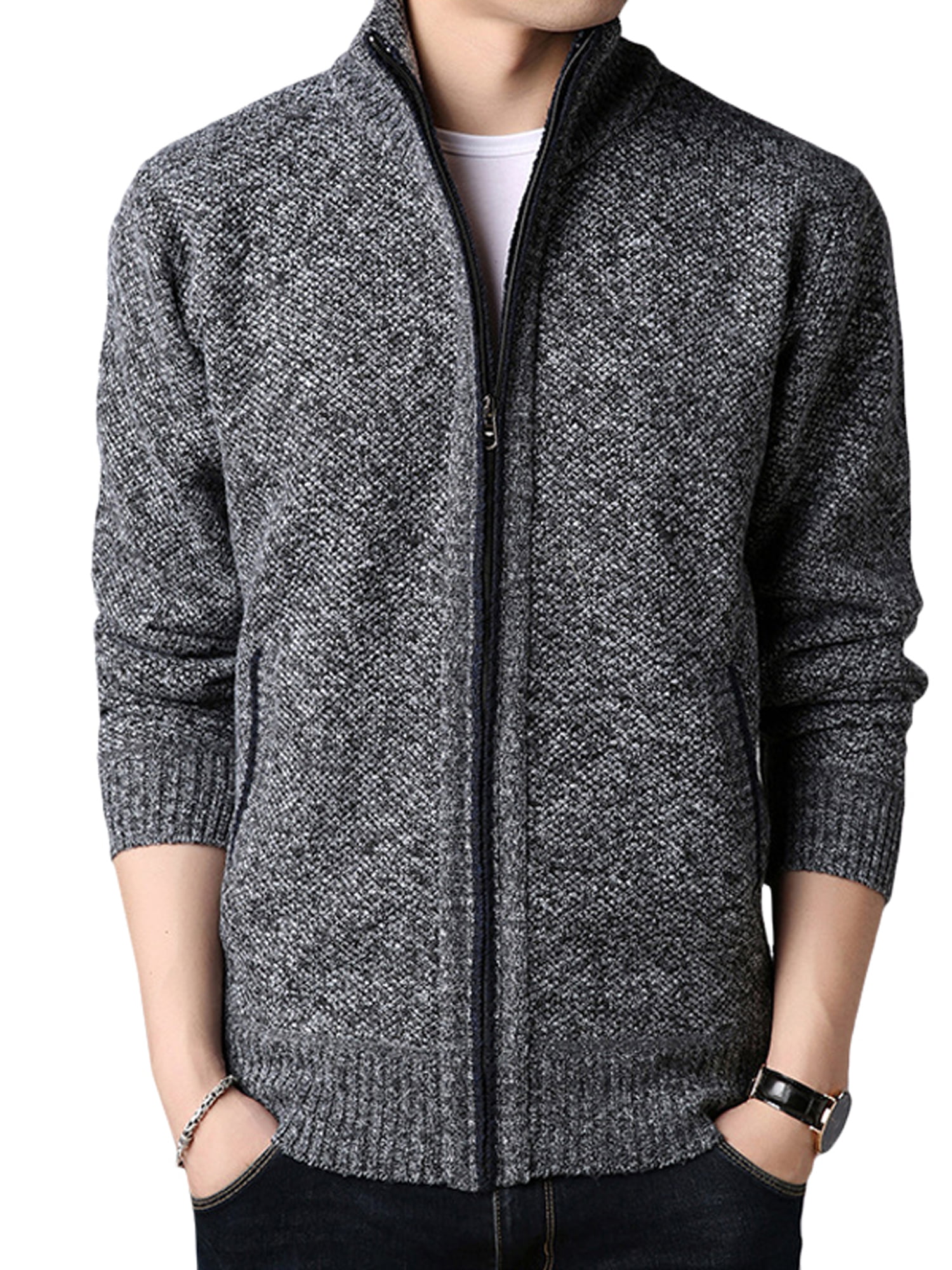 HANMAX Men's Casual Zip-up Long Sleeve Stand Collar Knitted Cardigan Plush Sweater 