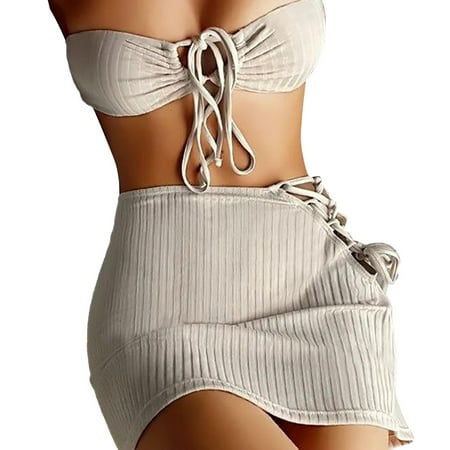KaLI_store Two Piece Swimsuit for Women Women s Brazilian Bikinis Halter String Triangle Top with Cheeky Bikini Bottom Beige M