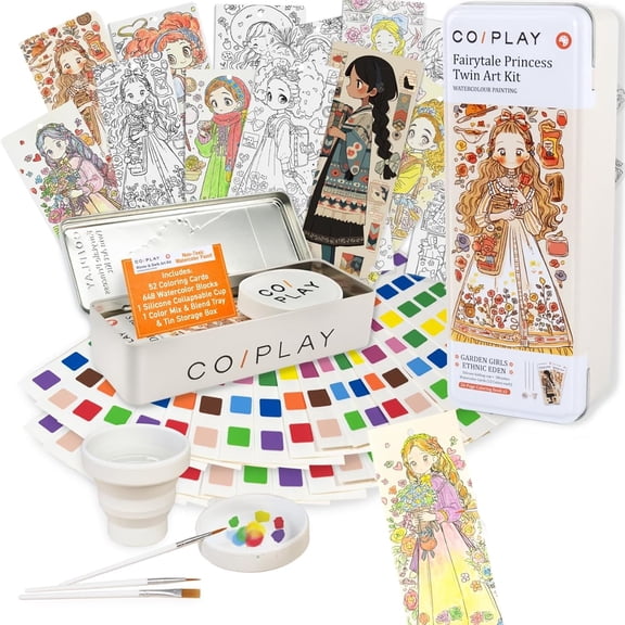 COIPLAY: Watercolor Painting Art Kit - Fairytale Princess - Tin Box, 52 Character Bookmarks, 648 Color Blocks, 3 Brushes, Silicone Cup, Adults-Kids 6