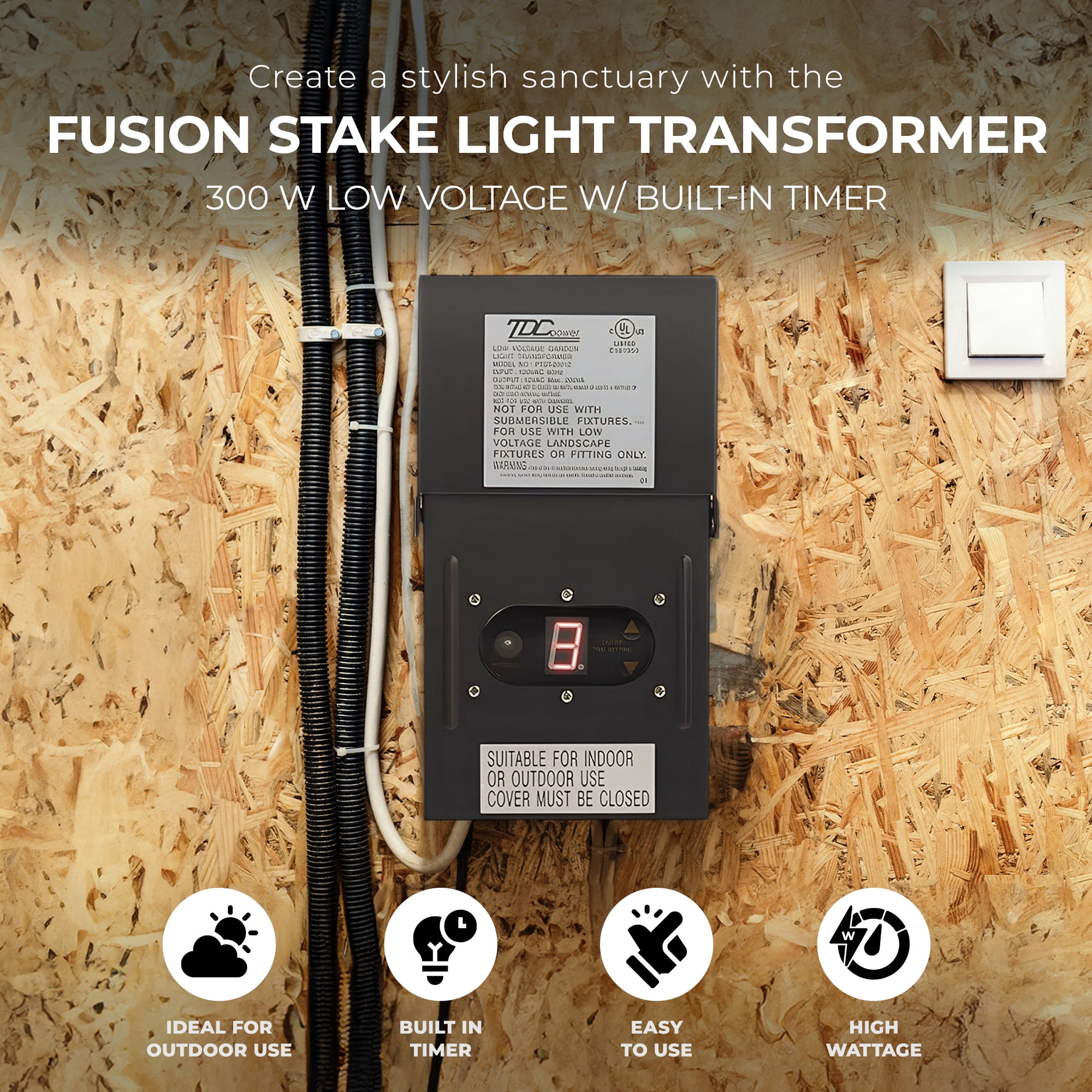 Fusion 300 Watts Low Voltage Stake Light Transformer with Timer, Black