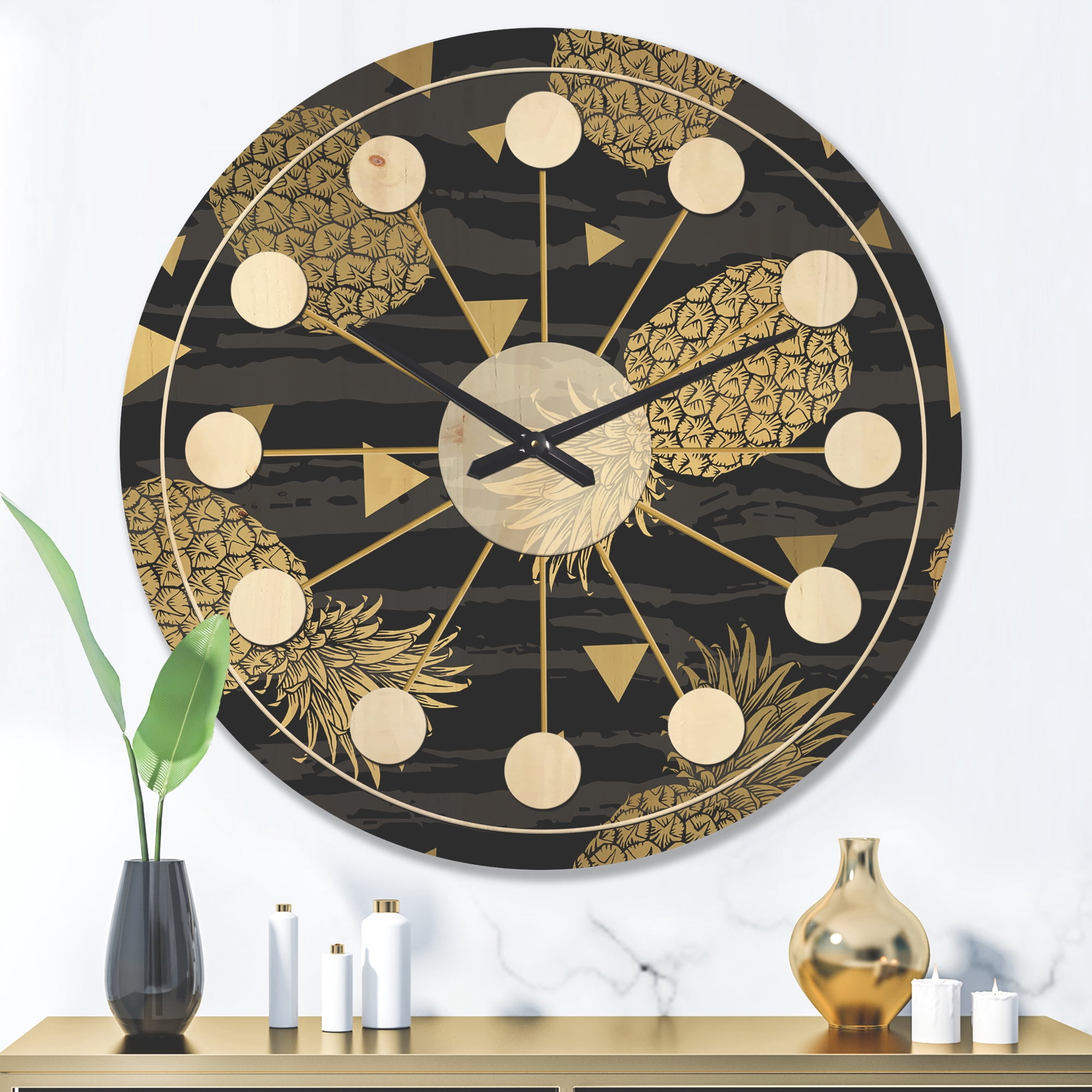Designart 'Golden Pineapple On Black Horizantal' Mid-Century Modern Wood Wall Clock