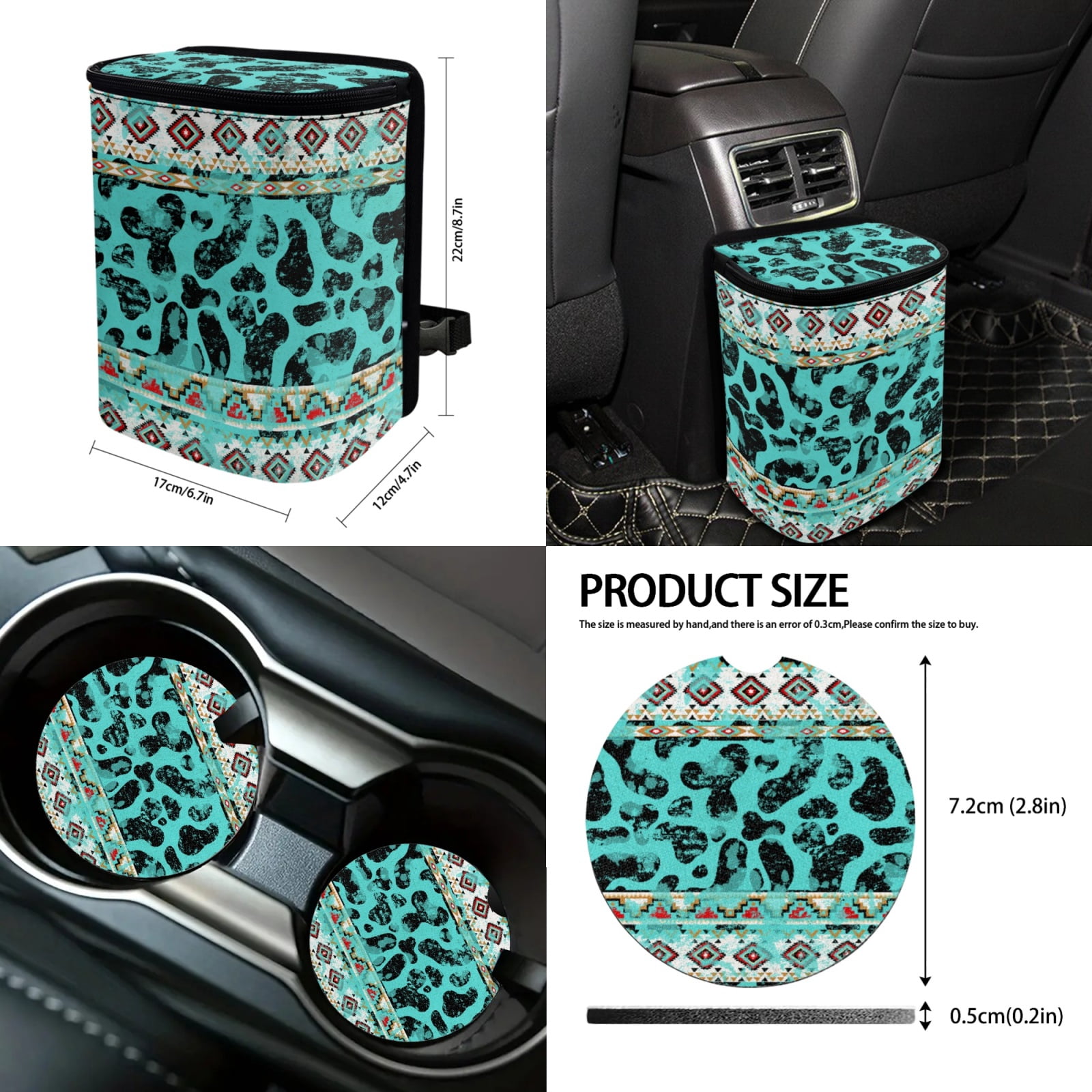 Jeiento Aztec African Tribal Car Interior Sets Car Front Back Seat Covers Steering Wheel Cover Seatbelt Shoulder Pad Trash Bin Cow Print Rearview Mirror Cover Coasters Keychain Lipstick Holder 13pcs