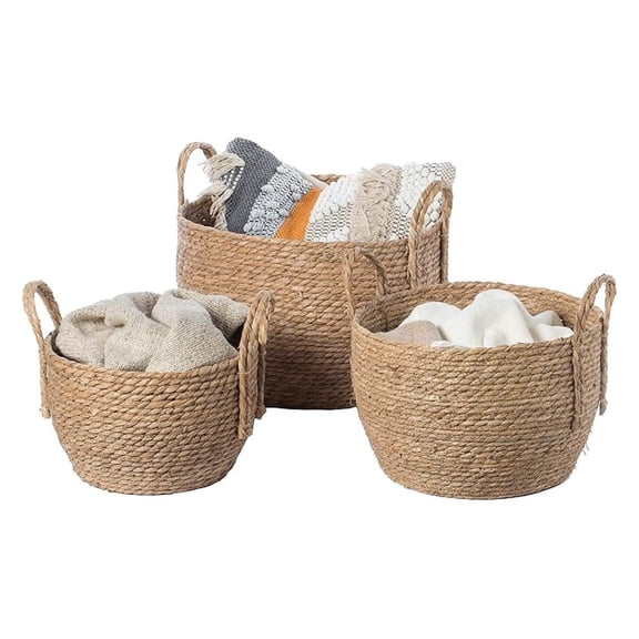 Wicker Storage Baskets Round - Set of 3, Decorative Blanket Baskets with Handles