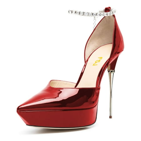 

FSJ Women Stylish Pointed Toe Rhinestone Chain Ankle Strap Sandals Stilettos Platform High Heel Pumps Dress Wedding Shoes Size 11 Red