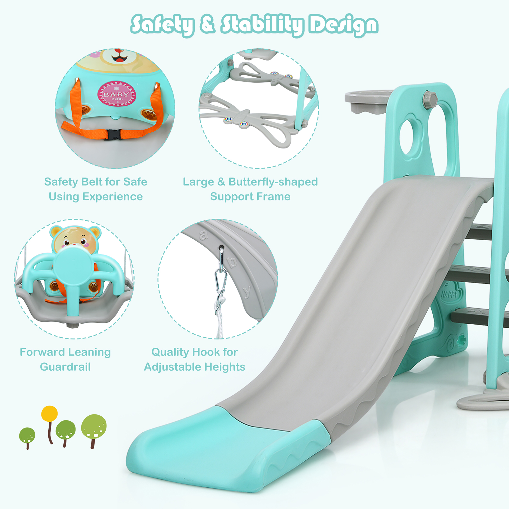 Babyjoy 4-in-1 Toddler Climber and Swing Set w/ Basketball Hoop & Ball Green - image 5 of 10