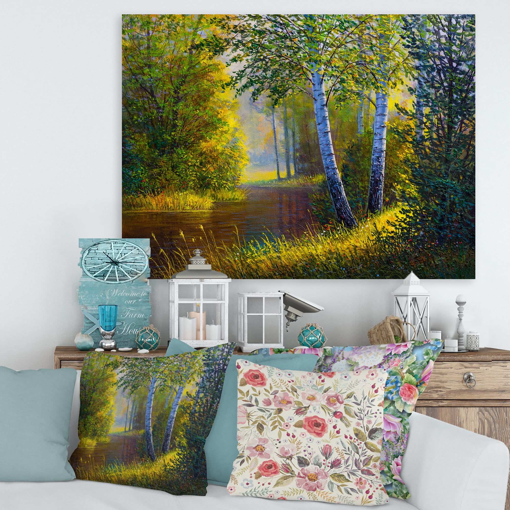 Designart ' Sunrise Glow Through The Birches II ' Lake House Canvas Wall Art Print
